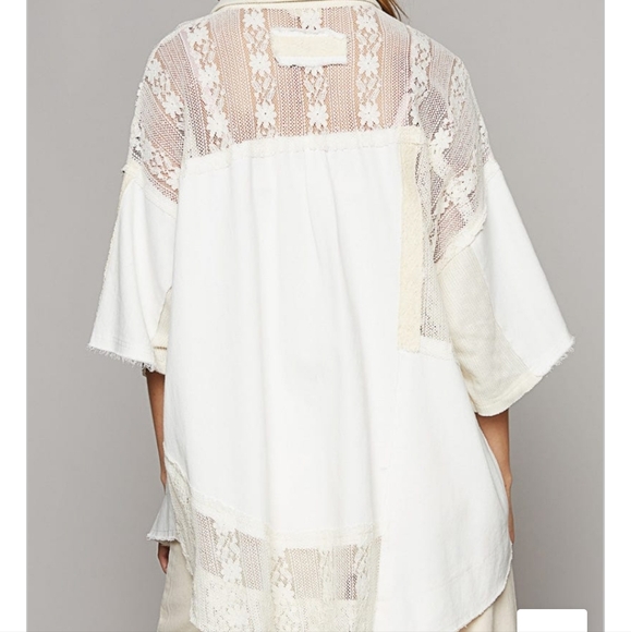 NWT  POL Oversized Mixed Thermal & Lace Button Down Shirt S - Picture 3 of 13